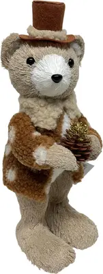 Kerstfiguur kunststof beer met hoed 14x12x33cm bruin