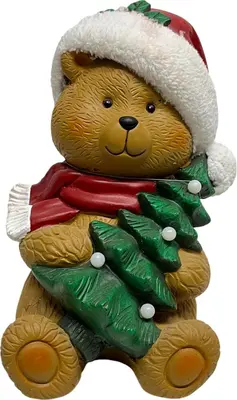 Kerstfiguur kunststof beer met muts led 24x22x36cm bruin