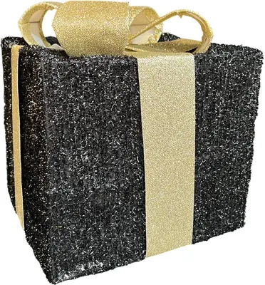 Kerstfiguur kunststof cadeautje led 15x15x15cm zwart, goud - afbeelding 1