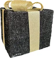 Kerstfiguur kunststof cadeautje led 15x15x15cm zwart, goud - afbeelding 1