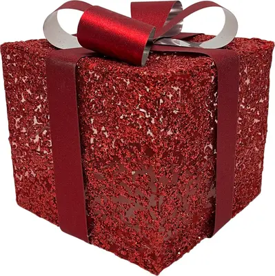 Kerstfiguur kunststof cadeautje led 25x25x25cm rood - afbeelding 1
