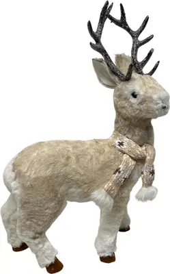 Kerstfiguur kunststof hert staand fluffy 33x11x51cm wit - afbeelding 1