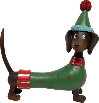 Kerstfiguur kunststof hond met kerstkleding 21x8x22cm multi