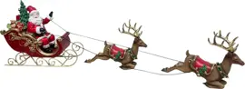 Kerstfiguur kunststof kerstman met rendier en slee met kerstboomstandaard 79x45x30cm rood, bruin - afbeelding 1