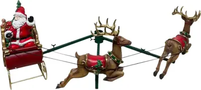 Kerstfiguur kunststof kerstman met rendier en slee met kerstboomstandaard 79x45x30cm rood, bruin - afbeelding 2