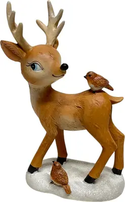 Kerstfiguur kunststof rendier met vogeltjes 14x7x18cm bruin