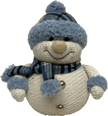 Kerstfiguur kunststof sneeuwpop met muts 20x16x29cm wit, blauw
