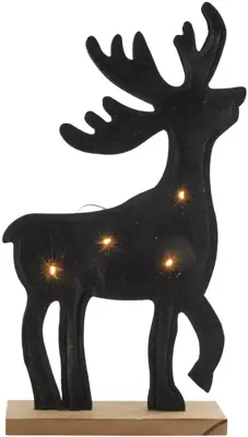 Kerstfiguur LED rendier vilt op houten voet zwart 52m - afbeelding 1