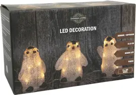 Kerstfiguur LED set 3 pinguïns acryl 14cm, warm wit - afbeelding 1