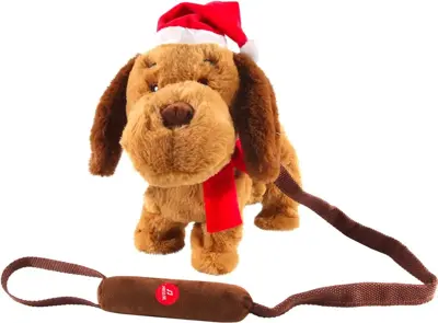 Kerstfiguur polyester hond met riem met beweging en geluid 35x15x30cm bruin