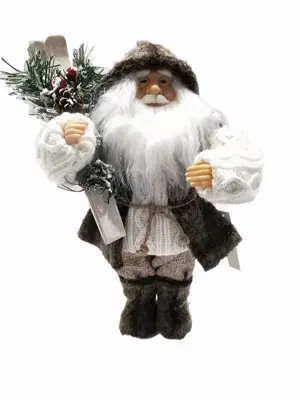 Kerstfiguur polyester kerstman met ski's 0x0x30cm wit. bruin