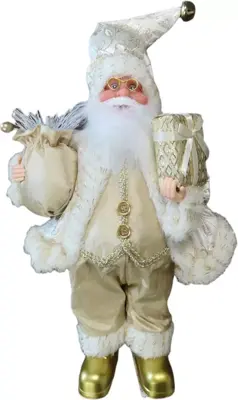 Kerstfiguur polyester kerstman met zak 15x10x30cm goud, wit