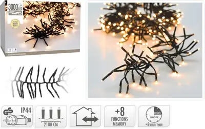 Kerstverlichting LED cluster 3000 lampjes 22m, warm wit - afbeelding 1