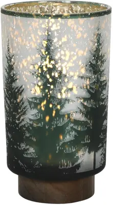 Kerstverlichting LED glazen lamp kerstboom met houten voet Ø 12 x 20cm - afbeelding 1