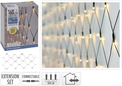Kerstverlichting LED koppelbaar net 160 lampjes 1 x 2m, extra warm wit - afbeelding 3