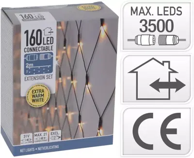 Kerstverlichting LED koppelbaar net 160 lampjes 1 x 2m, extra warm wit - afbeelding 1