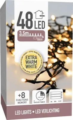 Kerstverlichting LED lichtketting op batterijen 48 lampjes 4m, extra warm wit - afbeelding 1