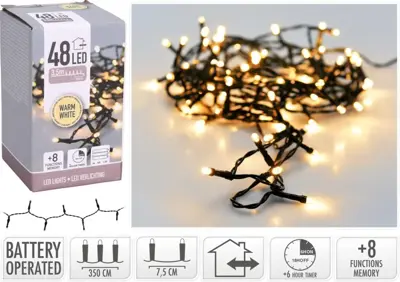 Kerstverlichting LED lichtketting op batterijen 48 lampjes 4m, warm wit - afbeelding 2