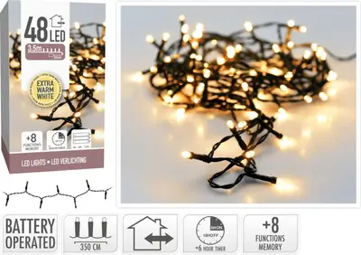 Kerstverlichting LED lichtketting op batterijen 48 lampjes 4m, extra warm wit - afbeelding 2