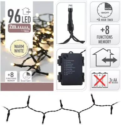 Kerstverlichting LED lichtketting op batterijen 96 lampjes 7m, warm wit - afbeelding 2