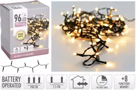 Kerstverlichting LED lichtketting op batterijen 96 lampjes 7m, warm wit - afbeelding 1