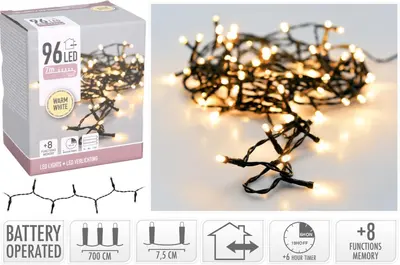 Kerstverlichting LED lichtketting op batterijen 96 lampjes 7m, warm wit - afbeelding 3