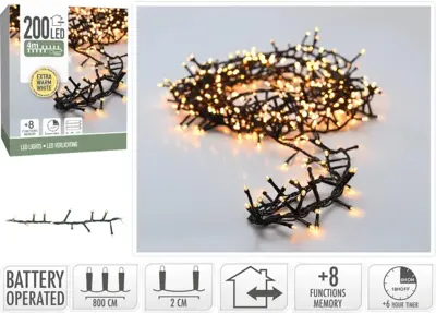 Kerstverlichting LED microcluster 200 lampjes 4m, extra warm wit - afbeelding 1