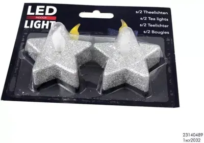 Kerstverlichting LED theelicht ster met glitter zilver 2 stuks - afbeelding 1