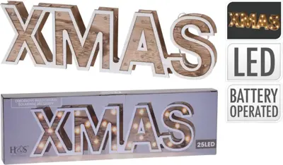 Kerstverlichting XMAS houten letters – 38 x 11 cm, 25 LED, warm wit - afbeelding 1