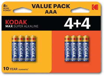Kodak max alkaline aaa 4+4 batterij - afbeelding 1