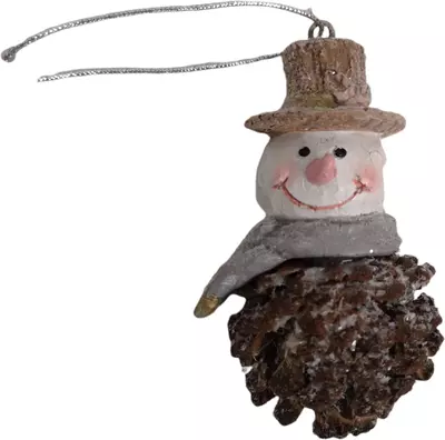 Kunststof kerst ornament sneeuwman dennenappel 9cm bruin, wit 