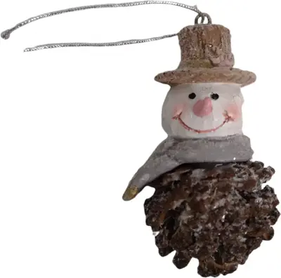 Kunststof kerst ornament sneeuwman dennenappel 9cm bruin, wit