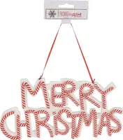 Kunststof kerst ornament tekst 'merry christmas' 12cm rood, wit kopen?