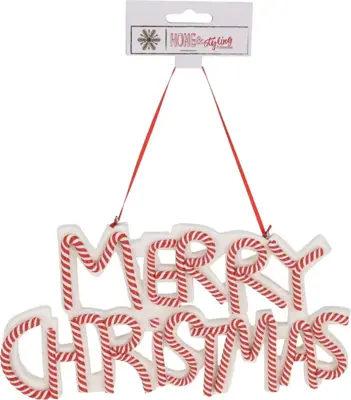 Kunststof kerst ornament tekst 'merry christmas' 12cm rood, wit 