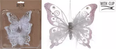 Kunststof kerst ornament vlinder op clip 15.5cm wit 2 stuks