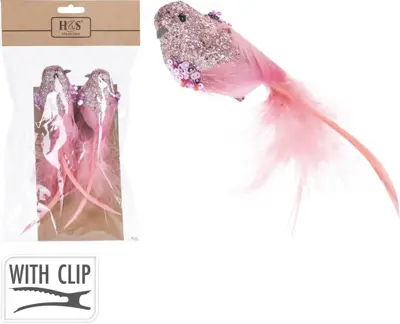 Kunststof kerst ornament vogel op clip 15cm roze 2 stuks