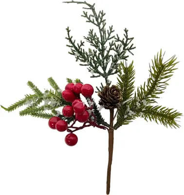 Kunsttak bes en dennenappel 23cm rood, groen - afbeelding 1