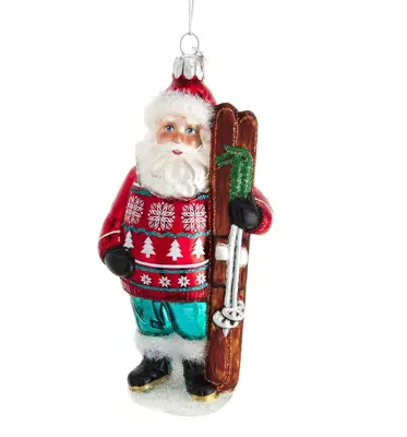 Kurt S. Adler glazen kerstbal kerstman met skies 13cm multi - afbeelding 1