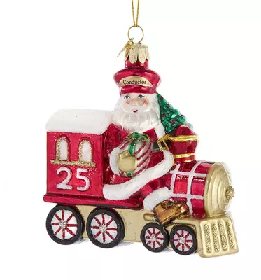 Kurt S. Adler glazen kerstbal kerstman op trein 10cm rood, goud  - afbeelding 1