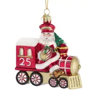 Kurt S. Adler glazen kerstbal kerstman op trein 10cm rood, goud - afbeelding 1