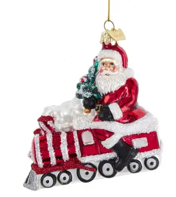 Kurt S. Adler glazen kerstbal kerstman op trein 12cm rood, wit - afbeelding 1
