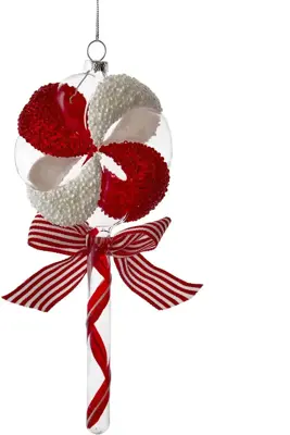 Kurt S. Adler glazen kerstbal lolly met strik 20cm rood, wit - afbeelding 1
