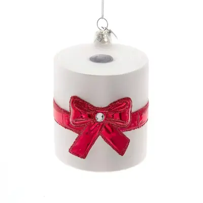 Kurt S. Adler glazen kerstbal toiletpapier met strik 9cm wit, rood  - afbeelding 1