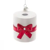 Kurt S. Adler glazen kerstbal toiletpapier met strik 9cm wit, rood  - afbeelding 1