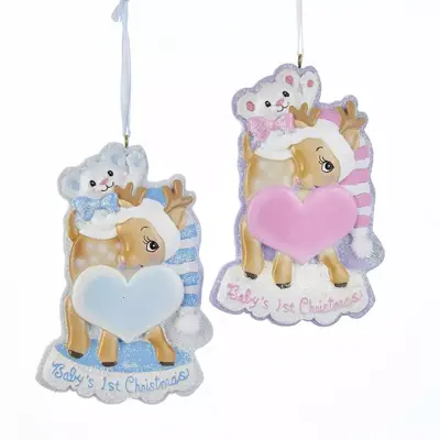 Kurt S. Adler kunststof kerstbal baby's first christmas rendier 10cm roze, blauw  - afbeelding 1