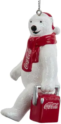 Kurt S. Adler kunststof kerstbal Coca-Cola ijsbeer met koelbox 12cm wit, rood - afbeelding 1