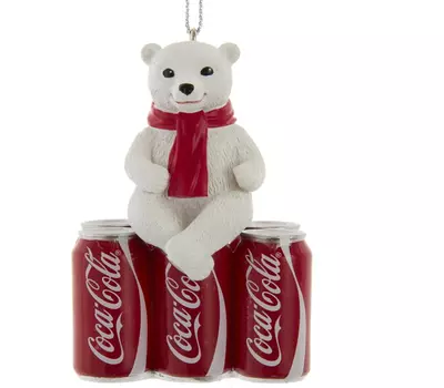 Kurt S. Adler kunststof kerstbal coca-cola ijsbeer op sixpack 7cm rood, wit  - afbeelding 1