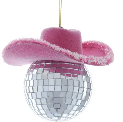 Kurt S. Adler kunststof kerstbal discobal met cowboyhoed 7.5cm roze, zilver - afbeelding 1