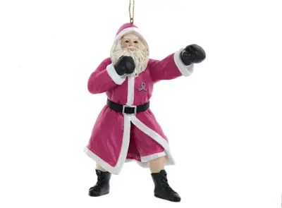Kurt S. Adler kunststof kerstbal kerstman boxer ‘pink ribbon’ 8cm roze, wit - afbeelding 1