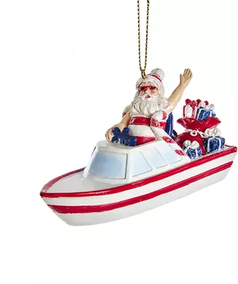 Kurt S. Adler kunststof kerstbal kerstman in speedboot 9cm rood, wit  - afbeelding 1